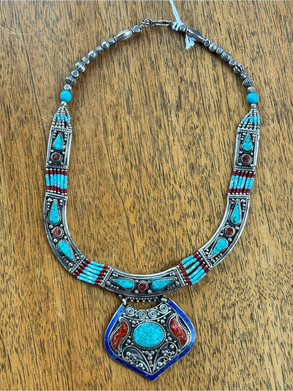 Napalese Tibet Turquoise and Silver Pendant Necklace - handmade, vintage
